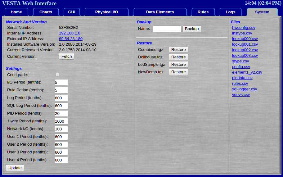 A screenshot of the Vesta System tab