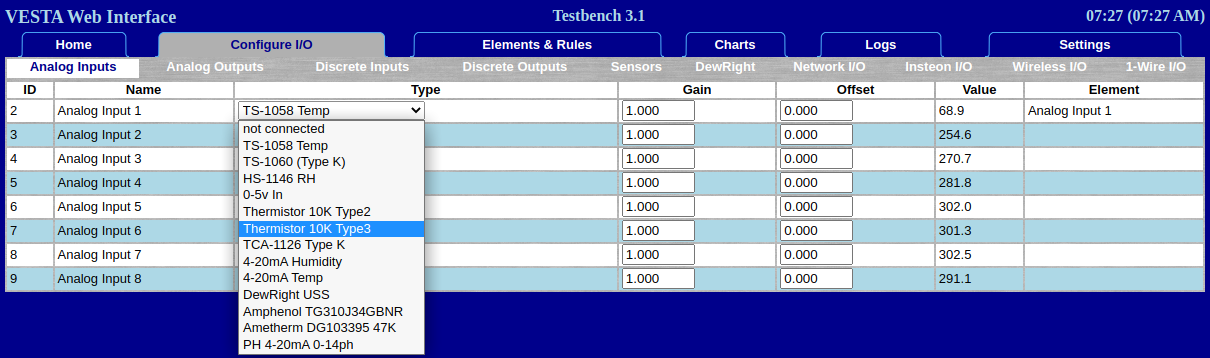 A screenshot of the Configure I/O Tab showing Analog Inputs